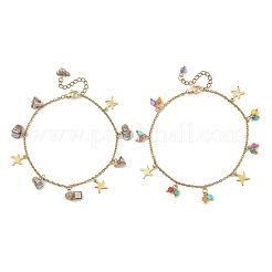 2Pcs 2 Styles Dyed Natural Freshwater Shell & 304 Stainless Steel Starfish Charm Cable Chain Anklet Sets&nbsp;AJEW-AN00853