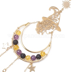 Halloween Natural Amethyst & Lava Rock & Synthetic Citrine Beads & Metal Witch & Moon Hanging Ornaments&nbsp;HJEW-TA00251