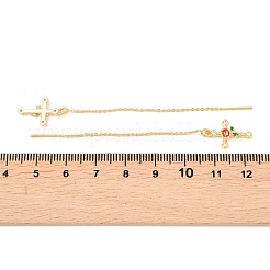 Cross with Flower Brass Clear Cubic Zirconia Ear Thread&nbsp;EJEW-H182-13G