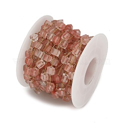 Handmade 304 Stainless Steel Cherry Quartz Glass Beads Cube Link Chains&nbsp;CHS-B011-02G-03