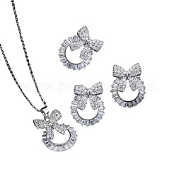 Bowknot & Ring Alloy Clear Cubic Zirconia Pendant Necklace & Stud Earring & Cuff Ring Sets&nbsp;FS-WG09EB0-01