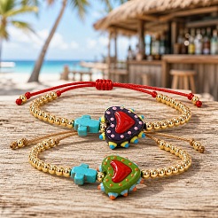 2Pcs 2 Colors Dyed Synthetic Turquoise Cross and Glass Heart Braided Bead Bracelets for Women&nbsp;PE0777-1