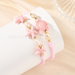 Summer Dyed Synthetic Turquoise & Natural Pearl & Seed Bead Stretch Beaded Anklets&nbsp;BJEW-JB14394