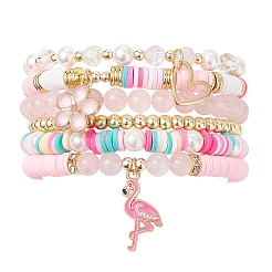 6Pcs 6 Styles Handmade Polymer Clay Heishi & Glass & Electroplate Non-magnetic Synthetic Hematite & Rose Quartz Beads Stretch Bracelets & Alloy Enamel Charm Bracelets&nbsp;BJEW-JB12231