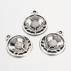 Tibetan Style Alloy Flat Round with Flower Scotland Thistle Pendants&nbsp;TIBEP-24054-AS-FF