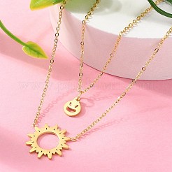 304 Stainless Steel Sun and Smiling Face Pendant Double Layer Necklaces for Women&nbsp;NJEW-A045-14G