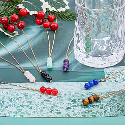 8Pcs 8 Style Natural Mixed Gemstone Round Beaded Pendant Necklaces Set with Iron Cable Chains&nbsp;NJEW-AB00025