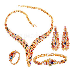 Teardrop Brass Micro Pave Colorful Cubic Zirconia Chain Necklaces & Stud Earrings & Ring & Bracelets Sets&nbsp;FS-WG33E8F-01