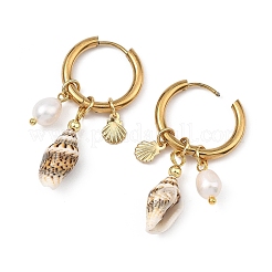 Natural Cultured Freshwater Pearl Beads & Spiral Shell Dangle Hoop Earrings&nbsp;EJEW-JE07252