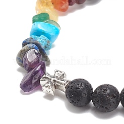 Natural & Synthetic Mixed Stone Chips & Lava Rock & Alloy Cross Stretch Bracelets&nbsp;BJEW-JB08570