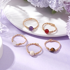 Round Natural Carnelian & White Jade & Fossil & Tiger Eye & Amethyst Beaded Finger Rings&nbsp;RJEW-JR00783