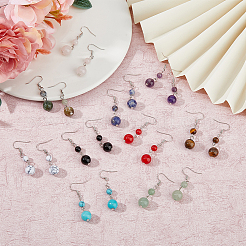10 Pairs 10 Style Natural Mixed Gemstone Round Beaded Dangle Earrings&nbsp;EJEW-AN0002-06