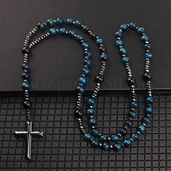 Dyed Natural Blue Tiger Eye(Dyed & Heated) Round Beads Long Chain Cross Pendant Necklaces for Men