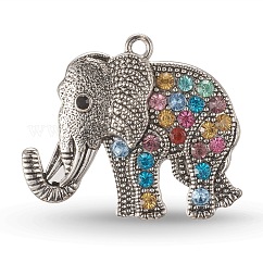 Tibetan Style Alloy Rhinestone Big Pendants, Cadmium Free & Lead Free, Elephant, Antique Silver, Colorful, 43x51x5.5mm, Hole: 3.5mm