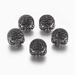 Brass Micro Pave Cubic Zirconia Beads, Cadmium Free & Lead Free, Skull, Gunmetal, 13.6x11.1mm