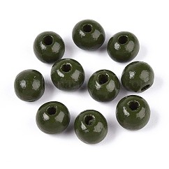Spray Painted Round Natural Schima Wood Beads, Dark Olive Green, 8~8.5x6.8mm, Hole: 1.8~2mm