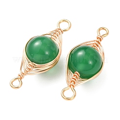 Natural Green Onyx Agate(Dyed & Heated) Round Links Connector Charms with Copper Herringbone Wire-Wrapped&nbsp;KK-Z152-05G-08B