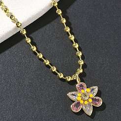 Brass Pave Pink and Clear Cubic Zirconia with Enamel Flower Pendant Ball Chain Necklaces&nbsp;NJEW-G183-04G