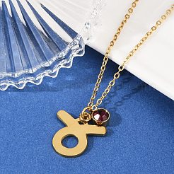 304 Stainless Steel Glass Drill Birth Stone Constellation Pendant Necklaces&nbsp;LS-STAS-D305-08G-B