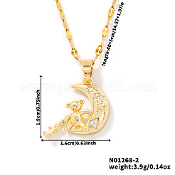 Brass Pave Clear Cubic Zirconia Shiny Cute 3D Bear Moon Pendant Necklaces for Women&nbsp;XT3479-2
