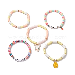 5Pcs 5 Styles Easter' Day Polymer Clay Beads Stretch Bracelet & Alloy Enamel Charm Bracelet Set for Women&nbsp;BJEW-TA00608