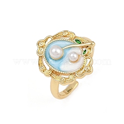 Brass Sky Blue Enamel Flower Cuff Rings&nbsp;RJEW-C139-18C-G