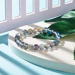 Synthetic Moonstone Round Beaded Stretch Bracelet with Rhinestone&nbsp;BJEW-JB07875