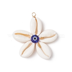 Natural Cowrie Shell with Handmade Blue Evil Eye Lampwork Pendants&nbsp;PALLOY-TA00274