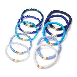 10Pcs Polymer Clay Disc & Glass & Brass Beaded Stretch Bracelets Set&nbsp;BJEW-JB09676-01