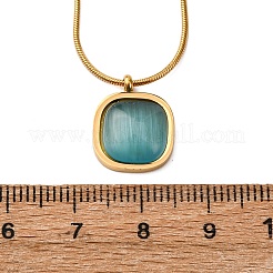 304 Stainless Steel & Dark Turquoise Cat Eye Square Pendant Round Snake Chain Necklaces for Women&nbsp;NJEW-K255-47G