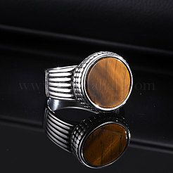 304 Stainless Steel with Natural Tiger Eye Finger Rings for Men&nbsp;FS-WGE1297-04