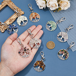 36Pcs 9 Styles Natural Gemstone Chips Flat Round with Tree of Life Pendant Decoration&nbsp;HJEW-FH00053