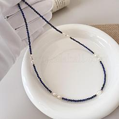 Elegant Natural Freshwater Pearl Rice & Natural Lapis Lazuli Faceted Round Beaded Necklaces for Women&nbsp;HF8817