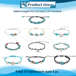 10Pcs 10 Style Synthetic Turquoise & Natural Shell & Seed Braided Bead Bracelet & Anklet&nbsp;AJEW-AN0007-10