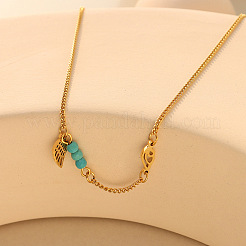 304 Stainless Steel with Synthetic Turquoise Faceted Round Beads Wing Charm Anklets for Women&nbsp;FS-WGB68FD-01