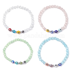 4Pcs 4 Colors Cat Eye & Handmade Evil Eye Lampwork Round Beaded Stretch Bracelets for Women&nbsp;BJEW-JB12289