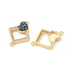 Brass Micro Pave Clear Cubic Zirconia & Shell Rhombus with Heart Connector Charms&nbsp;KK-I357-02G