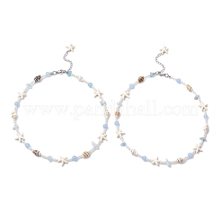 Summer Natural Dyed Aquamarine & Round White Jade & Natural Sea Shell & Shell Pearl Beaded Necklaces&nbsp;NJEW-JN05269