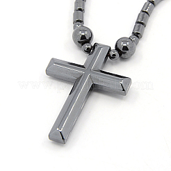 Mens Saint Cross Magnetic Synthetic Hematite Pendant Necklaces&nbsp;NJEW-F026-12