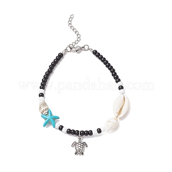 2Pcs 2 Styles Summer Beach Synthetic Turquoise Starfish & Natural Cowrie Shell & Glass Seed Round Beaded Alloy Turtle Charm Anklets&nbsp;AJEW-TA00038