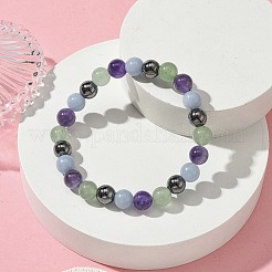 Synthetic Non-Magnetic Hematite & Natural Green Aventurine & Natural Amethyst & Natural Angelite Round Beaded Stretch Bracelets&nbsp;BJEW-JB10910-08