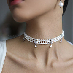 Sterling Silver Necklace with Zircon and Freshwater Pearl Geometric Drop Design&nbsp;SZ5473