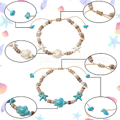 4Pcs 2 Colors Ocean Theme Starfish Turtle Synthetic Turquoise & Coconut Braided Bead Bracelet Sets&nbsp;BJEW-PA0001-03