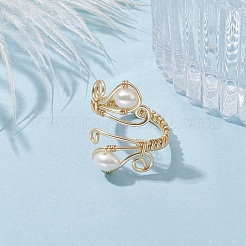 Copper Wire Wrapped Natural Cultured Freshwater Pearl Open Ring&nbsp;RJEW-JR00629