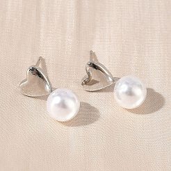 Heart Brass Plastic Pearl Dangle Stud Earrings&nbsp;EJEW-G452-11P