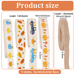 10 Yards 5 Styles Autumn Theme Printed Cotton & Burlap Ribbons&nbsp;OCOR-BC0005-44