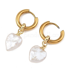 202 Stainless Steel & Natural Baroque Pearl Hoop Dangle Earrings&nbsp;EJEW-JE07334