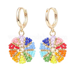 Rainbow Color Japanese Seed Braided Flower Dangle Hoop Earrings&nbsp;EJEW-MZ00003