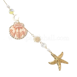 Electroplate Sea Shell & Glass & Stainless Steel Pendants Starfish Shell Hanging Suncatchers&nbsp;HJEW-JM04561