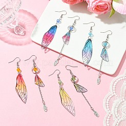 4 Set 4 Color Resin Wing with Feather Asymmetrical Earrings&nbsp;EJEW-TA00175